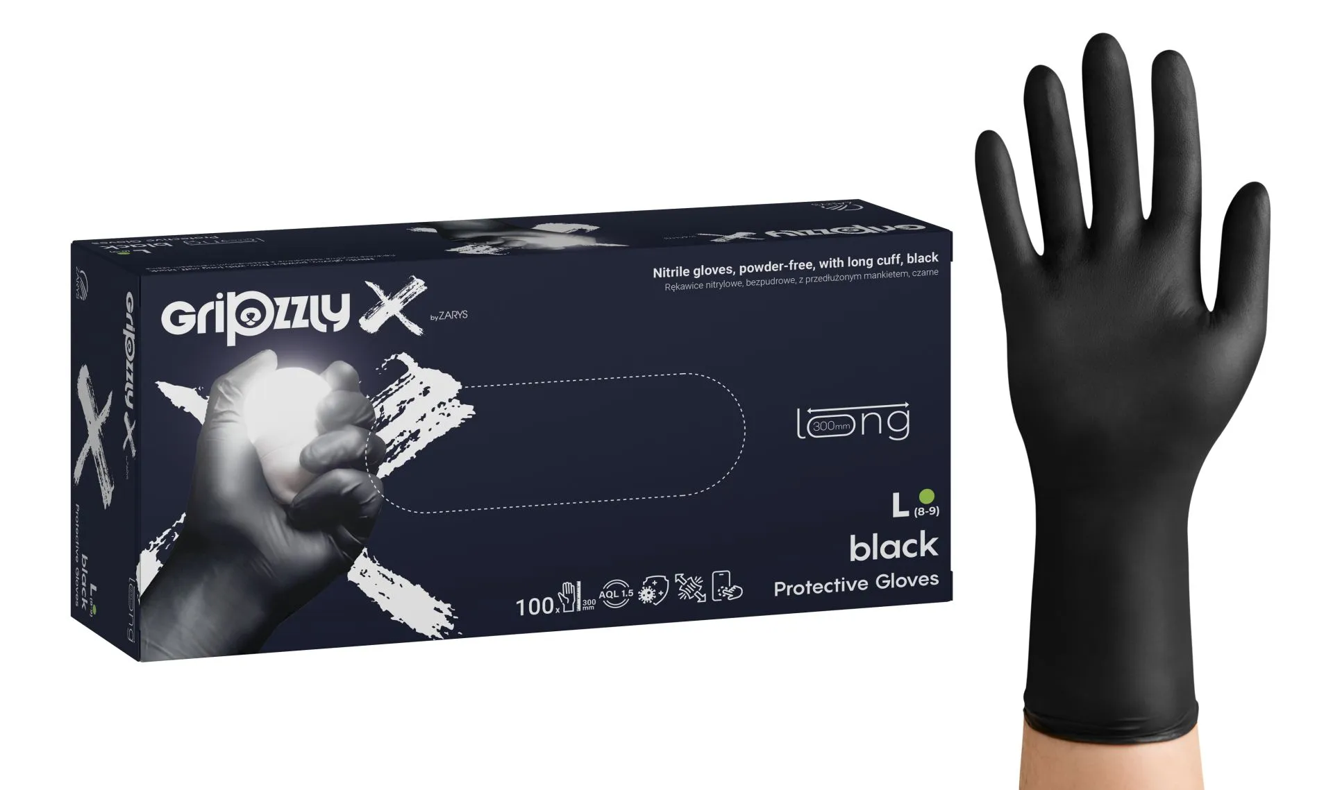 Gripzzly_X Nitrile gloves, pf, extended cuff, black, L