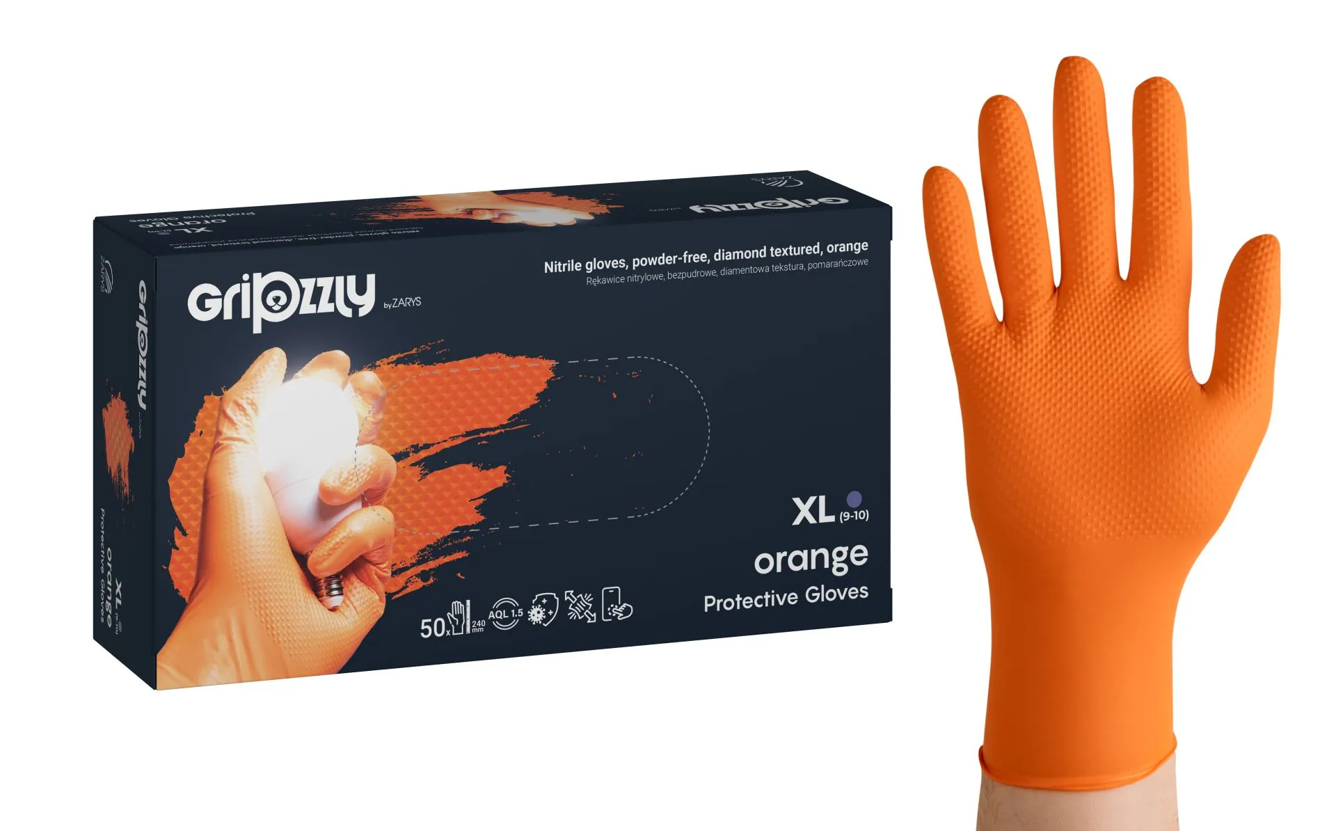 Gripzzly Nitrile gloves, powder-free, diamond tex orange XL