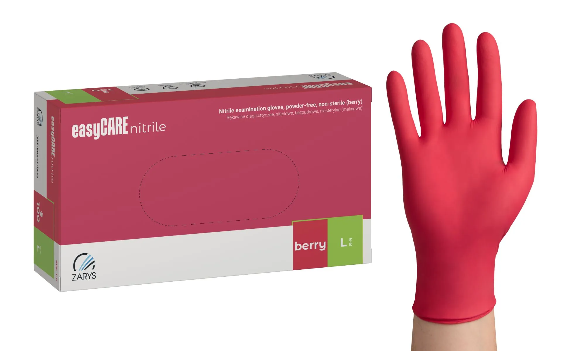 easyCARE nitrile exam gloves, powder-free, berry pink, L
