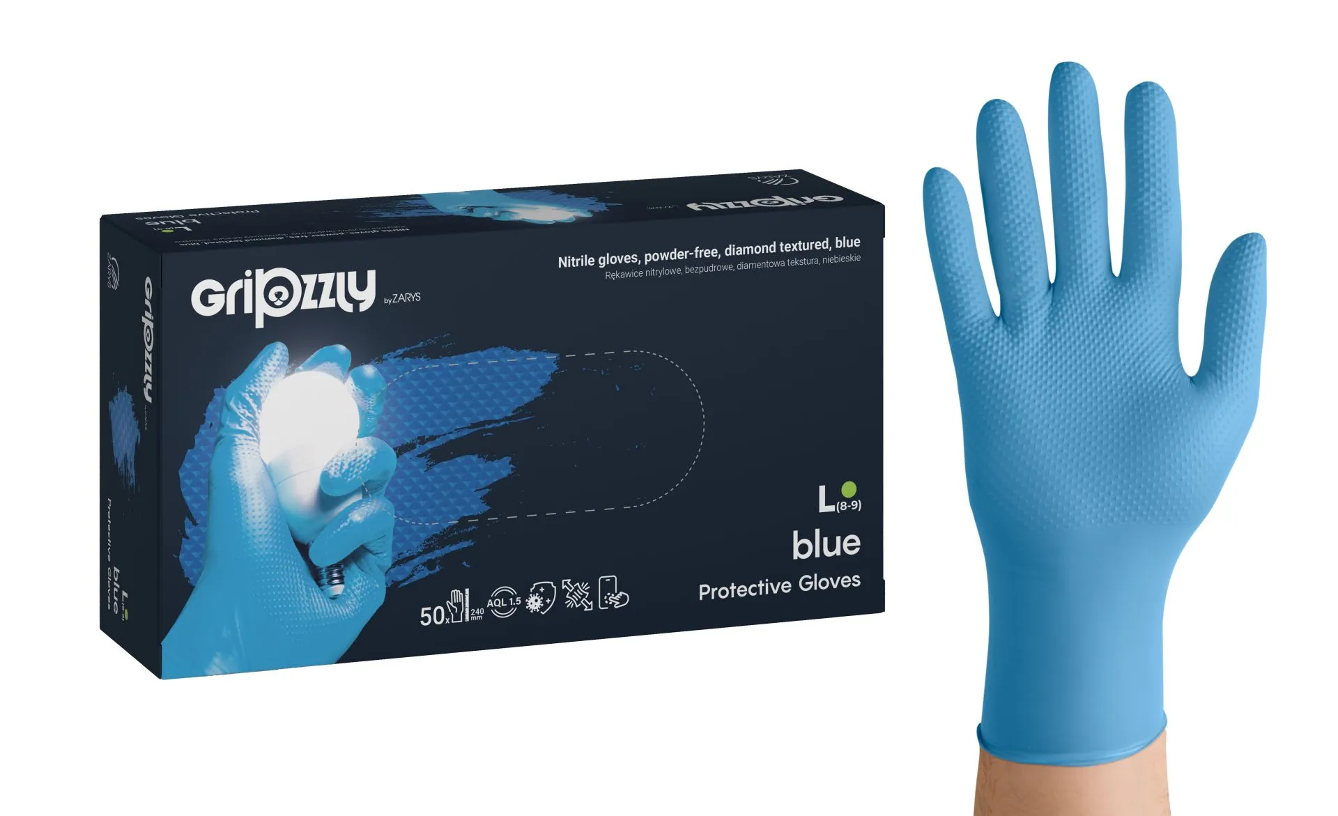 Gripzzly Nitrile gloves, powder-free, diamond tex. blue, L