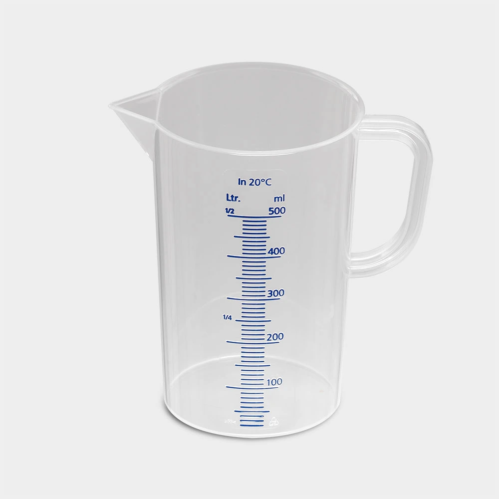 Meßkanne 0.5 Liter transparent mit feiner blauer Skala
